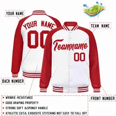 White Red Raglan Sleeves Full-Snap Varsity Letterman Jacket 2