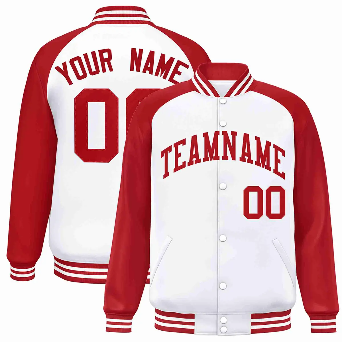 White Red Raglan Sleeves Full-Snap Varsity Letterman Jacket