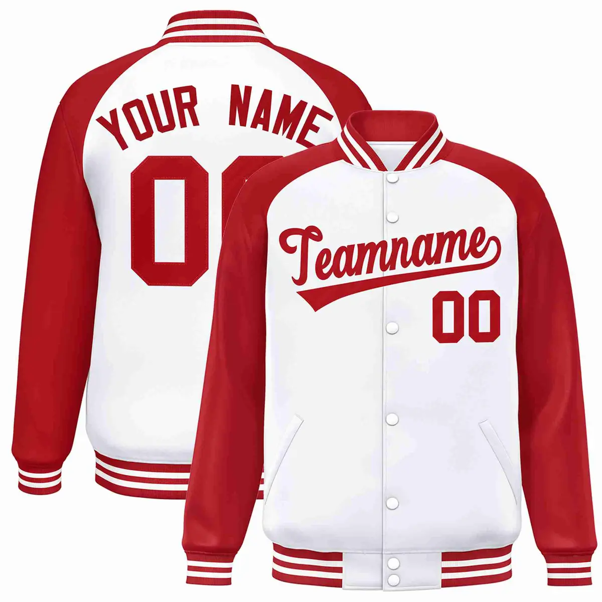 White Red Raglan Sleeves Full-Snap Varsity Letterman Jacket