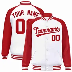 White Red Raglan Sleeves Full-Snap Varsity Letterman Jacket 1