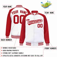 White Red Raglan Sleeves Full-Snap Varsity Letterman Jacket 2