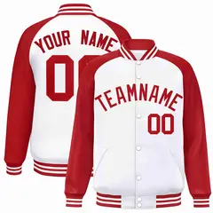 White Red Raglan Sleeves Full-Snap Varsity Letterman Jacket 1