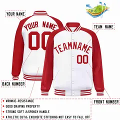 White Red Raglan Sleeves Full-Snap Varsity Letterman Jacket 2