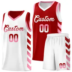 White Red Reversible Basketball Kits - Side Arrow Red Light Pink Gradient