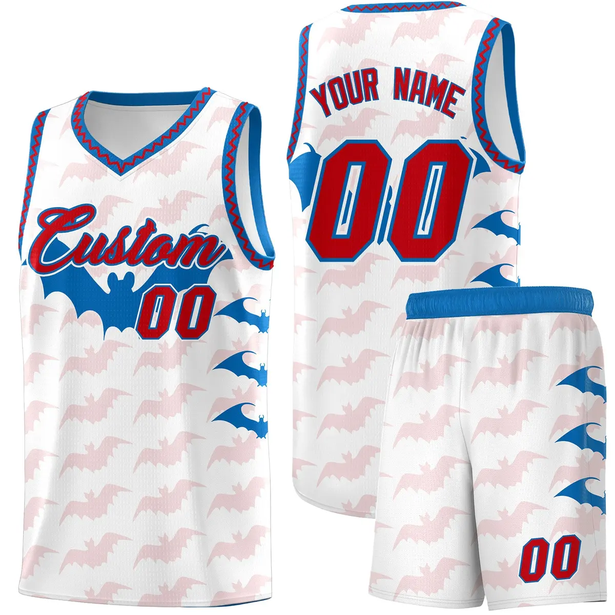 White Red Royal Bat Pattern Halloween Basketball Jersey
