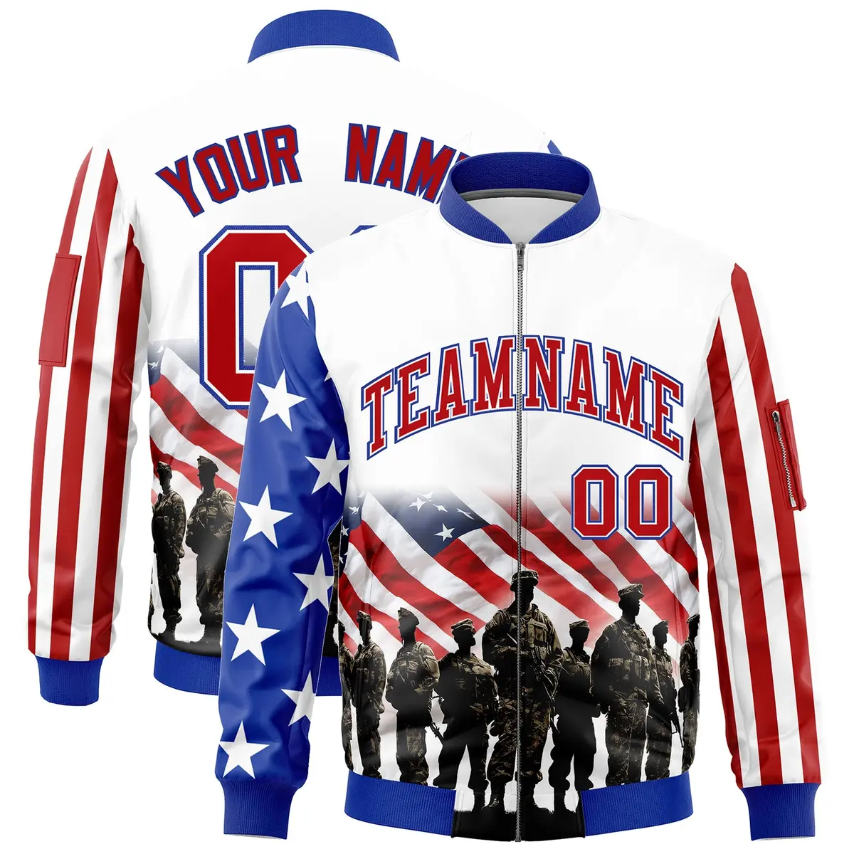 White Red Royal Blue American Flag Independence Day Full Zip Wrinkle-Resistant Jacket