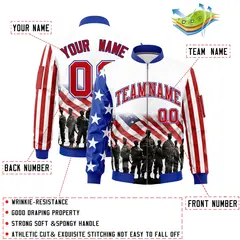White Red Royal Blue American Flag Independence Day Full Zip Wrinkle-Resistant Jacket 2