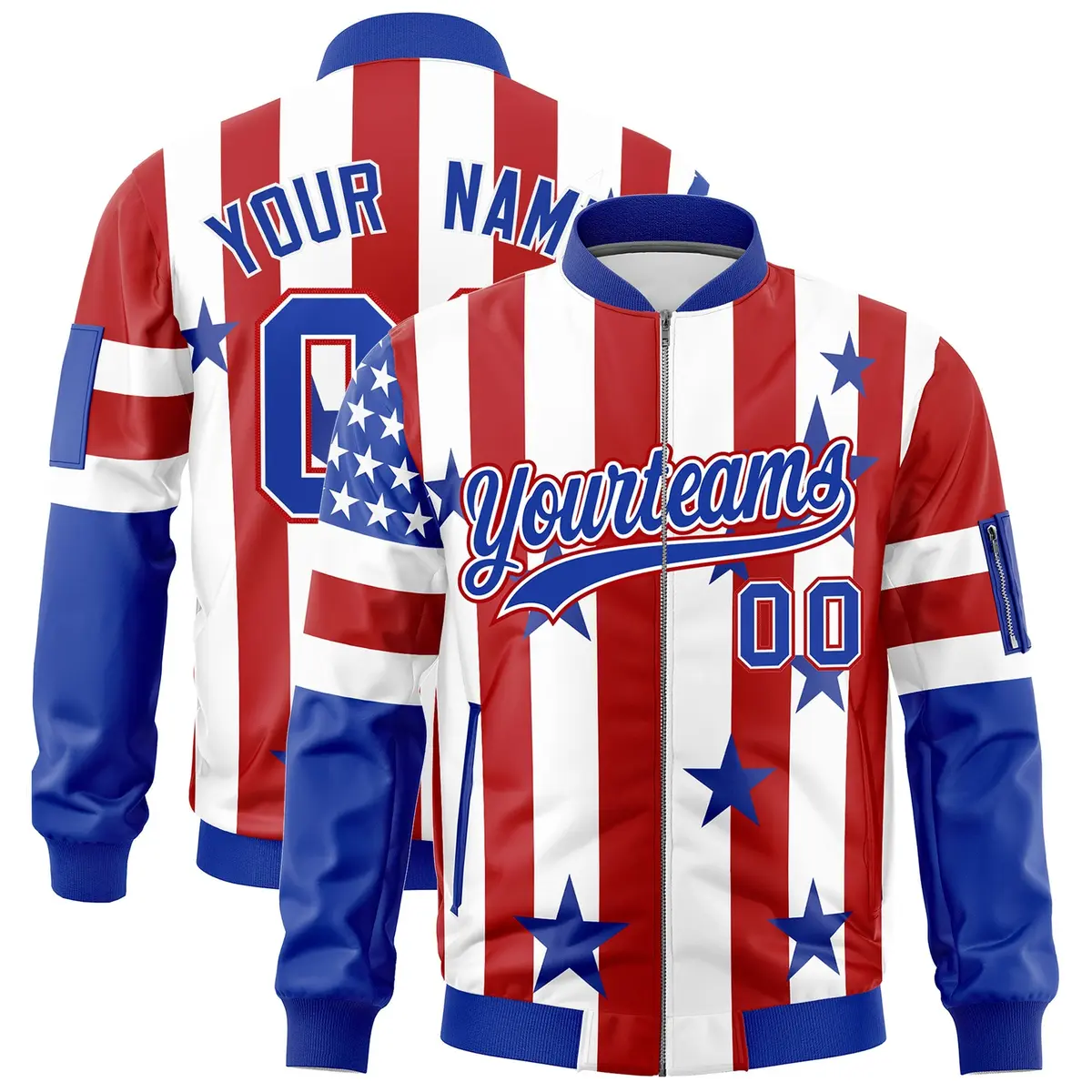 White Red Royal Blue American Flag Independence Day Full Zip Wrinkle-Resistant Jacket