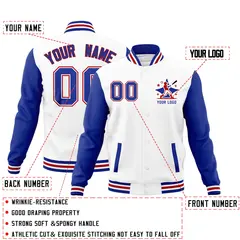 White Red Royal Blue Raglan Full-Snap Letterman Cotton Jacket 2