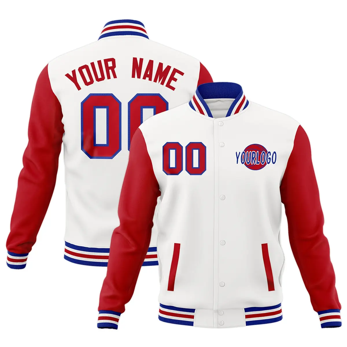 White Red Royal Blue Raglan Sleeve Cotton Letterman Jacket