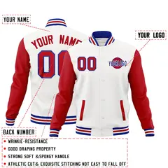 White Red Royal Blue Raglan Sleeve Cotton Letterman Jacket 2