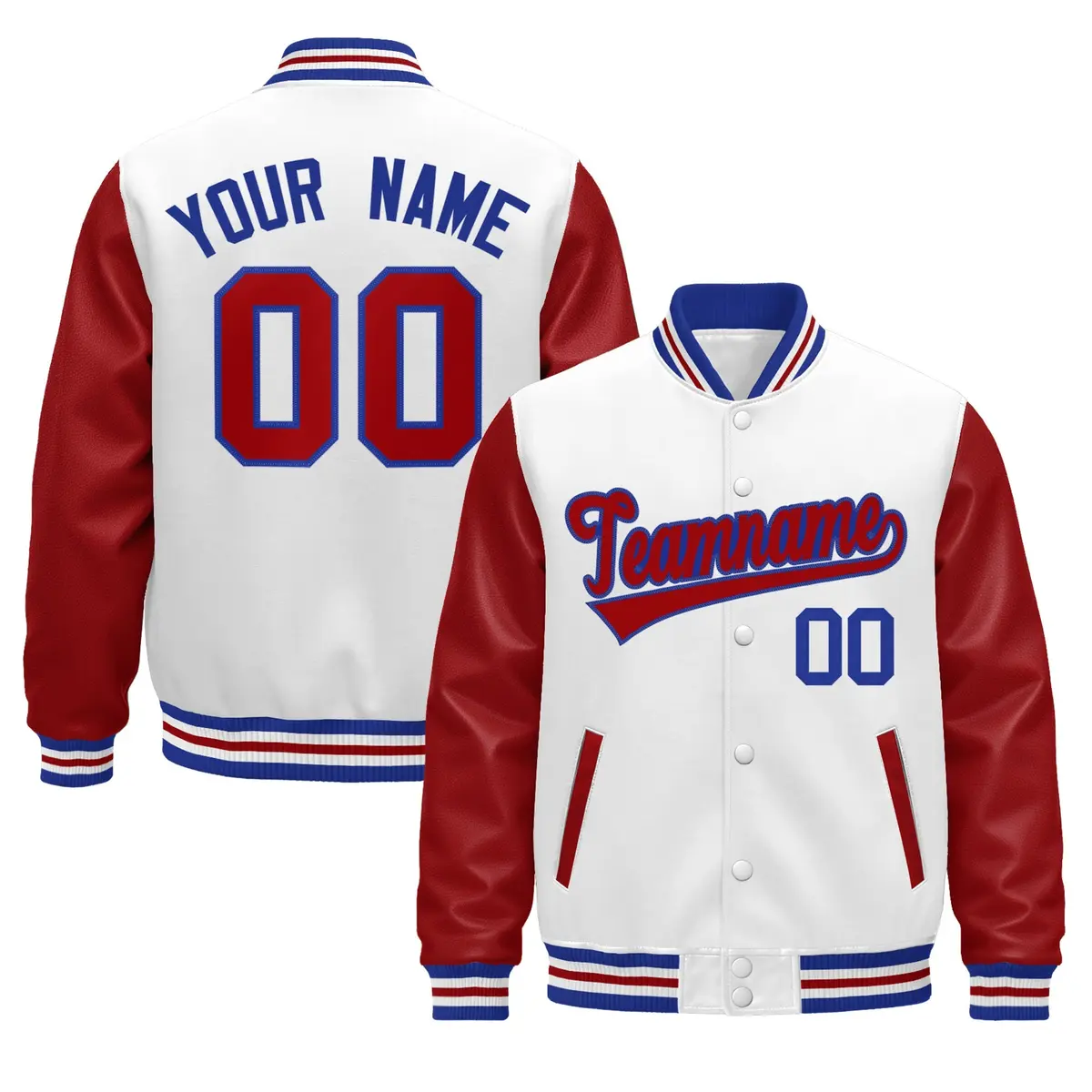 White Red Royal Blue Raglan Varsity Full-Snap Leather Sleeves Letterman Jacket