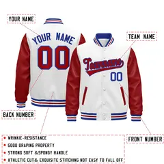 White Red Royal Blue Raglan Varsity Full-Snap Leather Sleeves Letterman Jacket 2