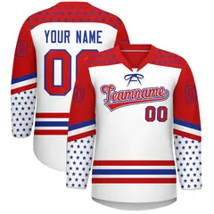 White Red Royal Blue Star Series Lace-Up Neck Hockey Jersey