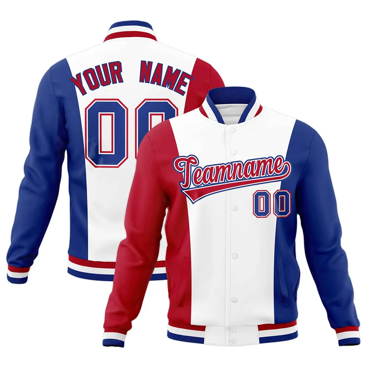 White Red Royal Blue Three-Color Block Varsity Letterman Jacket