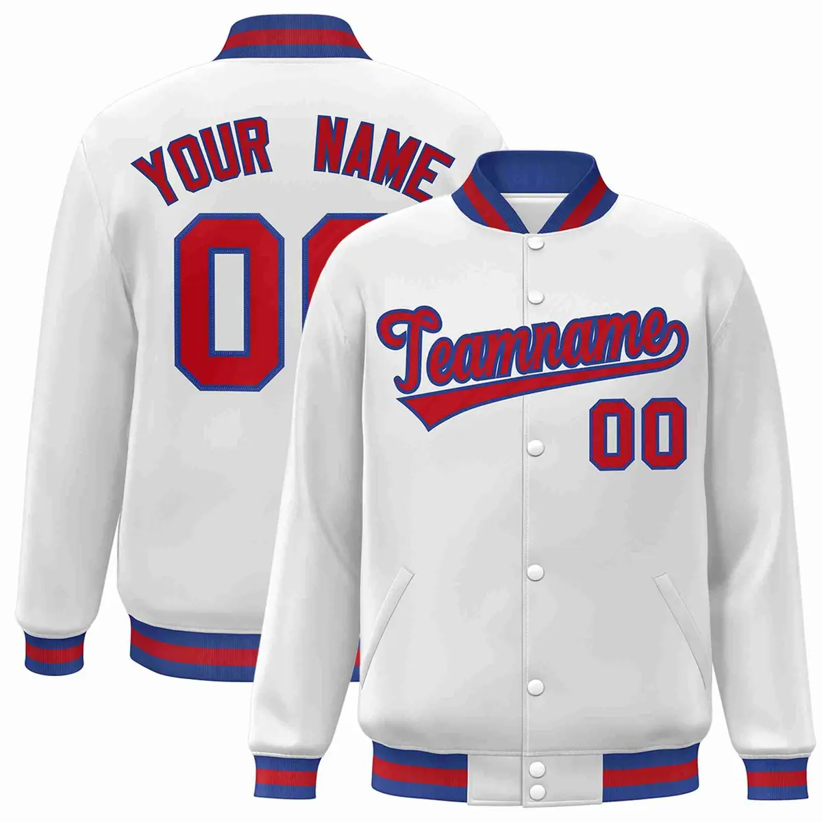 White Red-Royal Classic Varsity Full-Snap Letterman Jacket
