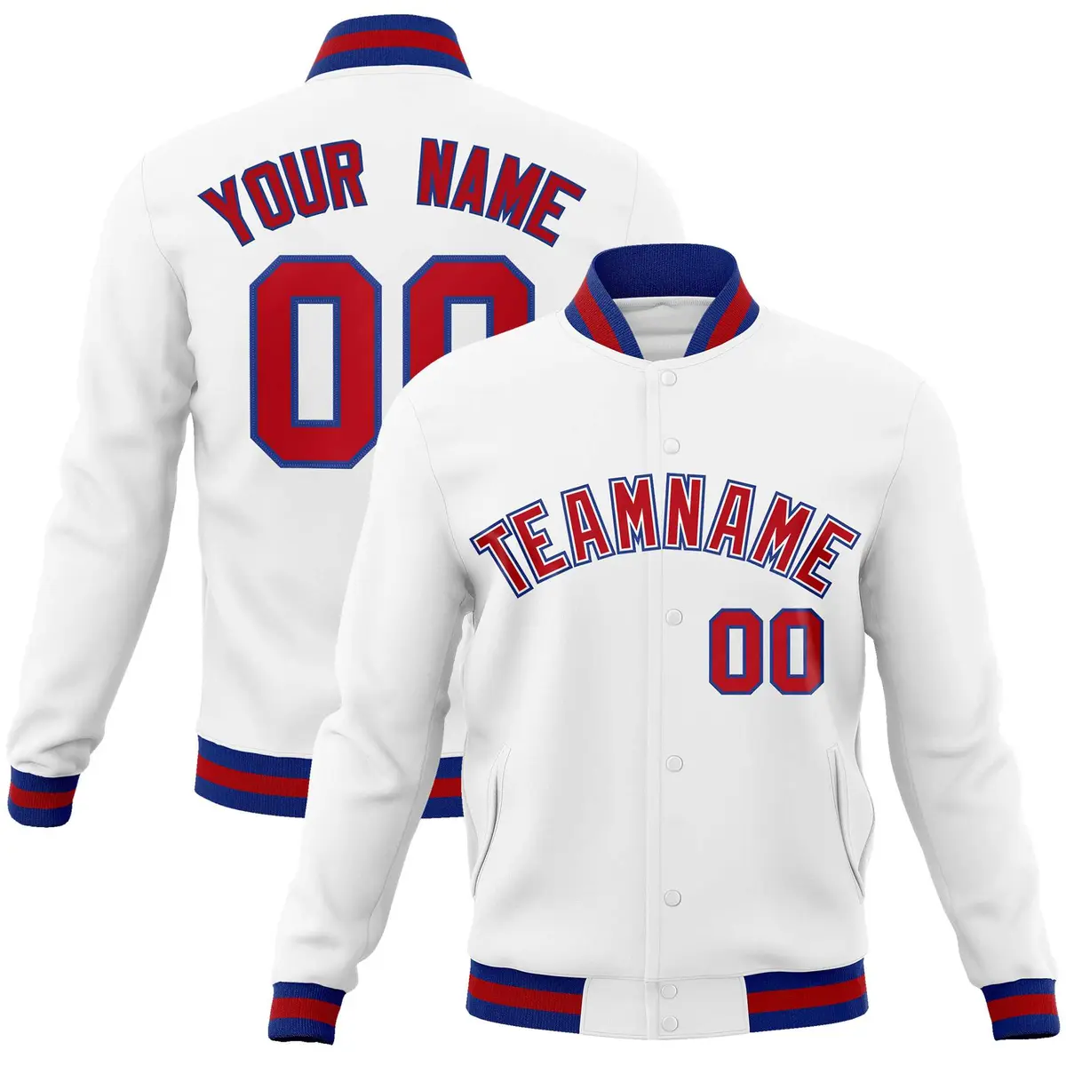 White Red-Royal Classic Varsity Full-Snap Letterman Jacket
