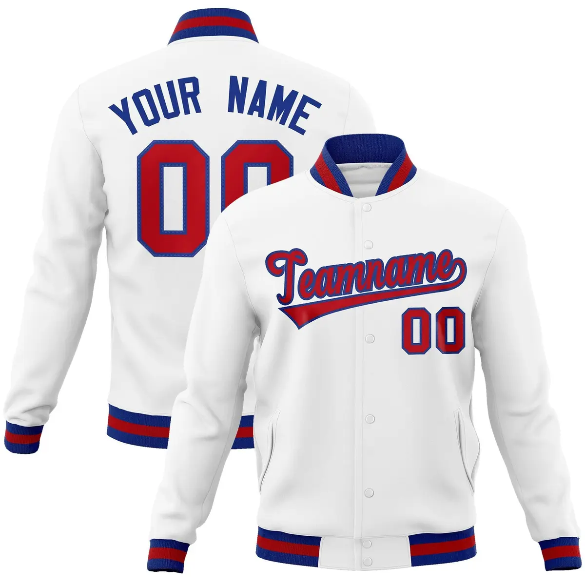 White Red-Royal Classic Varsity Full-Snap Letterman Jacket