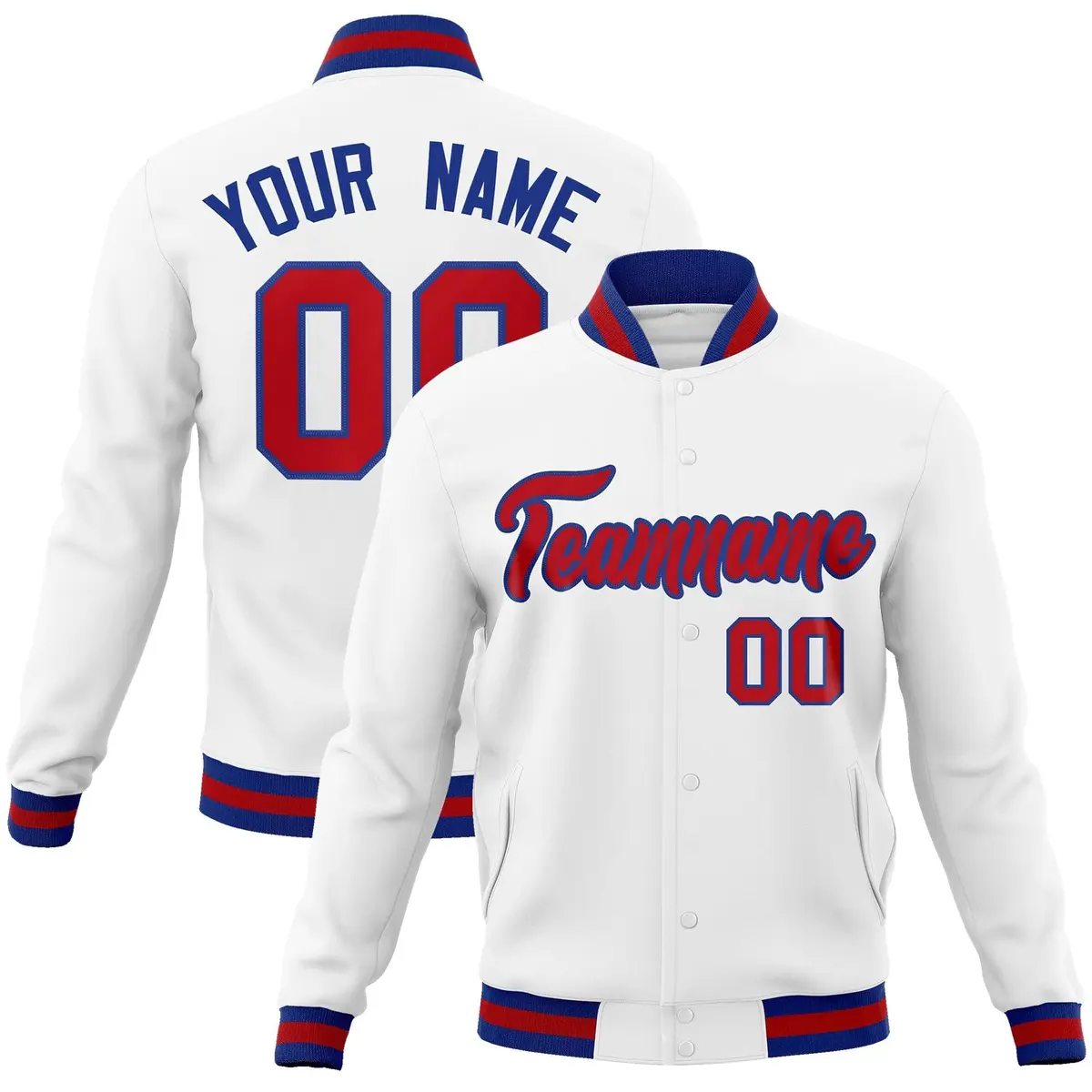White Red-Royal Classic Varsity Full-Snap Letterman Jacket