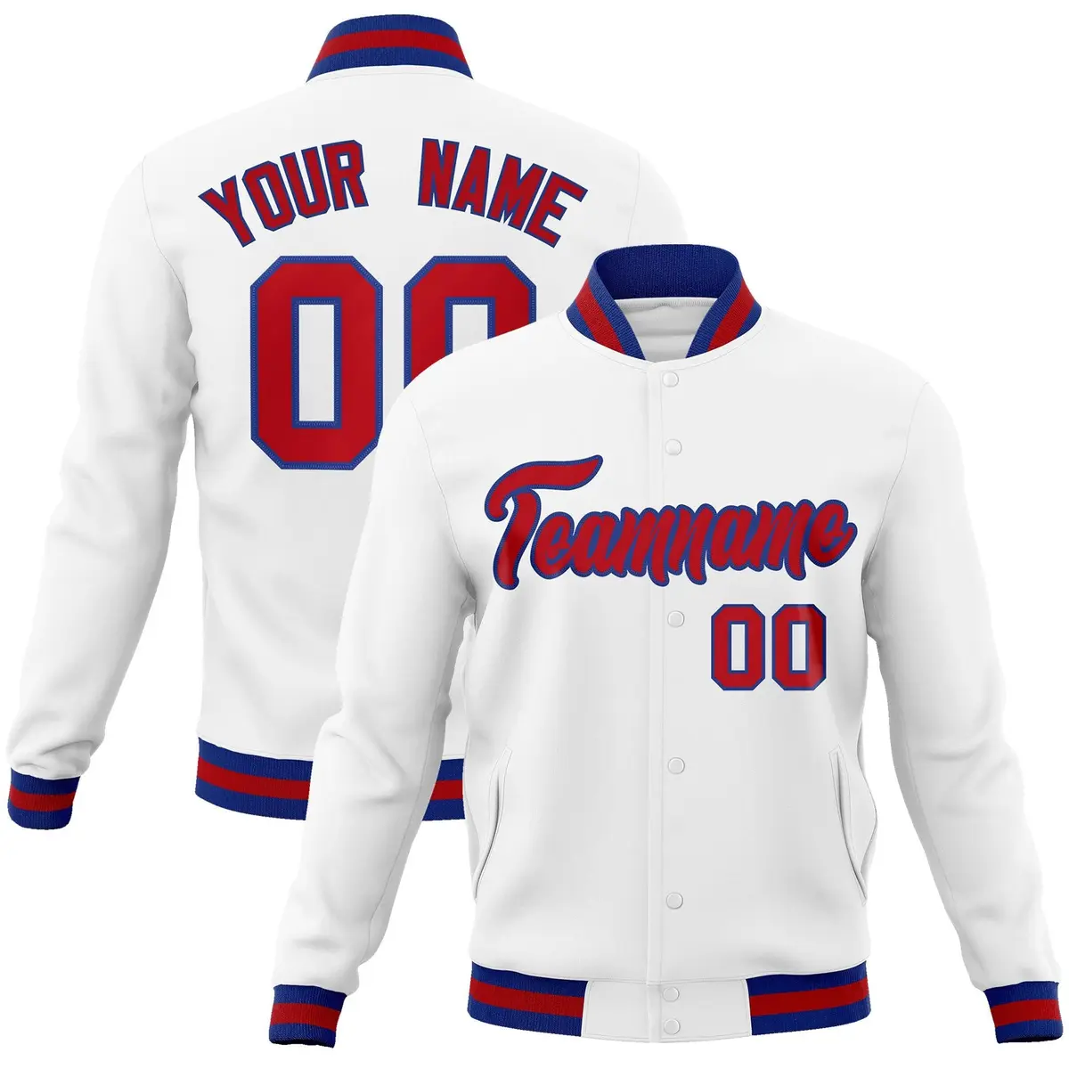 White Red-Royal Classic Varsity Full-Snap Letterman Jacket