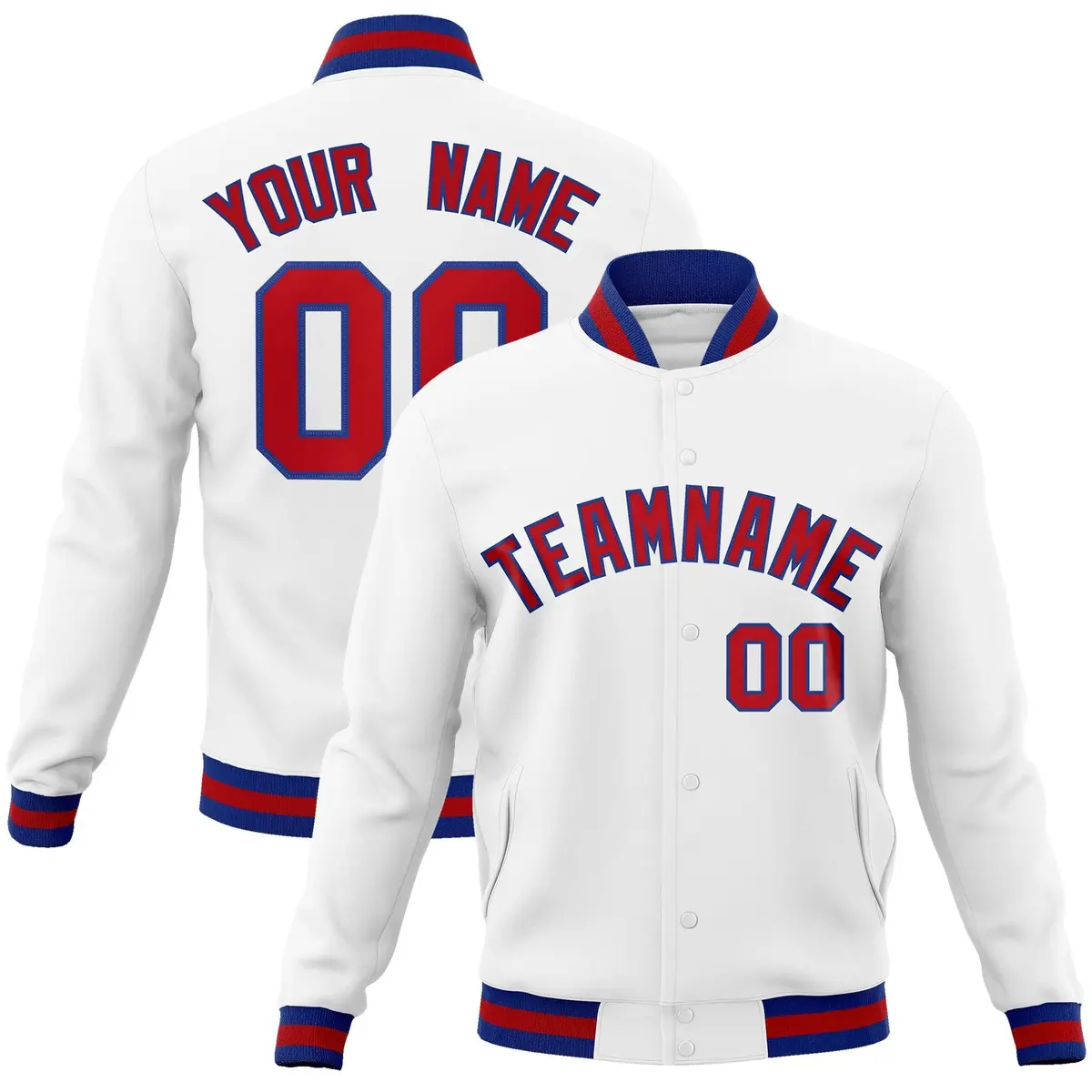 White Red-Royal Classic Varsity Full-Snap Letterman Jacket