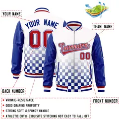 White Red-Royal Grid Color Block Letterman Raglan Jacket 2