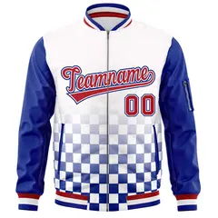 White Red-Royal Grid Color Block Letterman Raglan Jacket 3