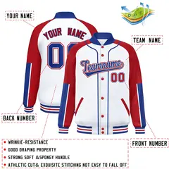 White Red-Royal Raglan Full-Snap Letterman Baseball Jacket 2