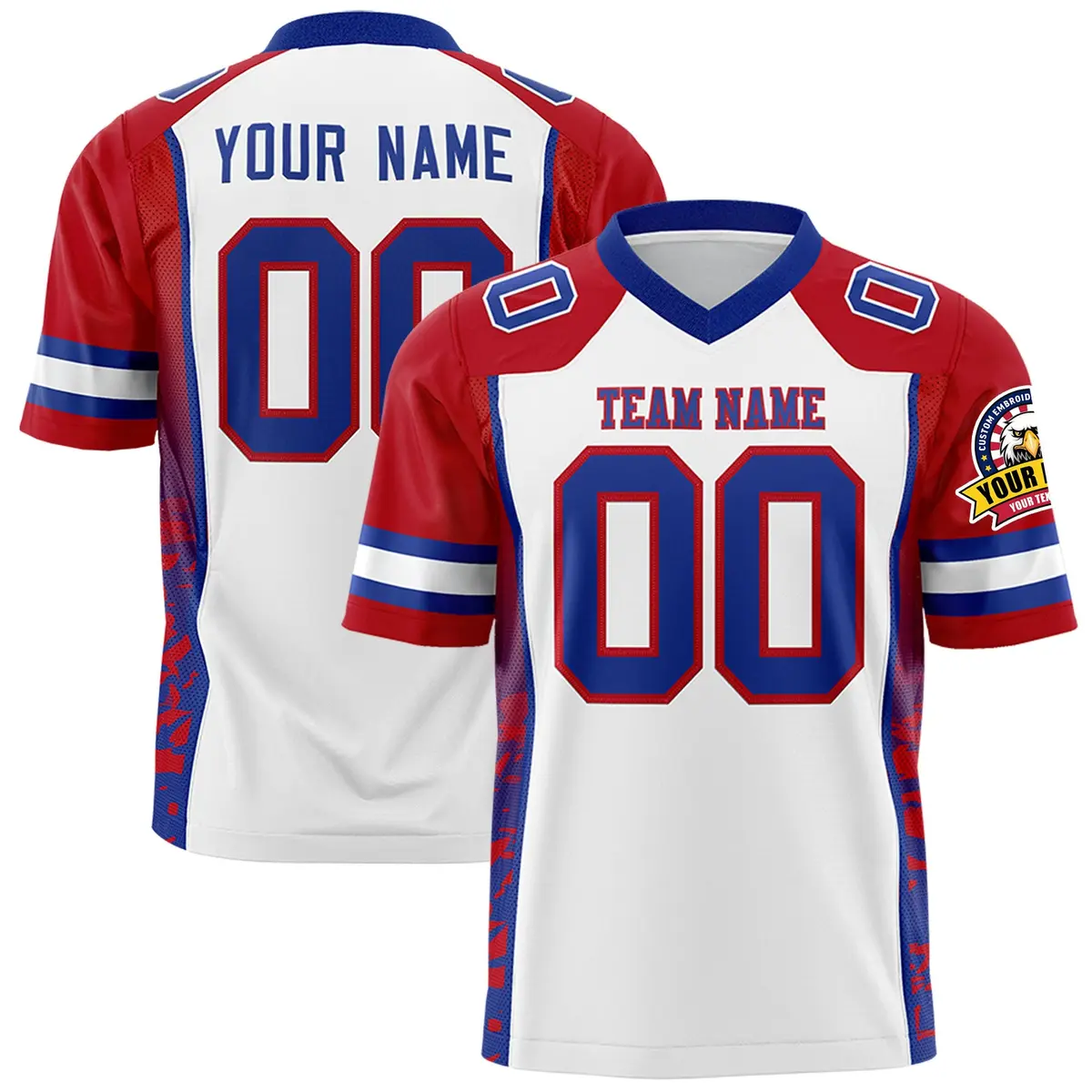 White Red-Royal Raglan Sleeves Side Pattern Football Jersey