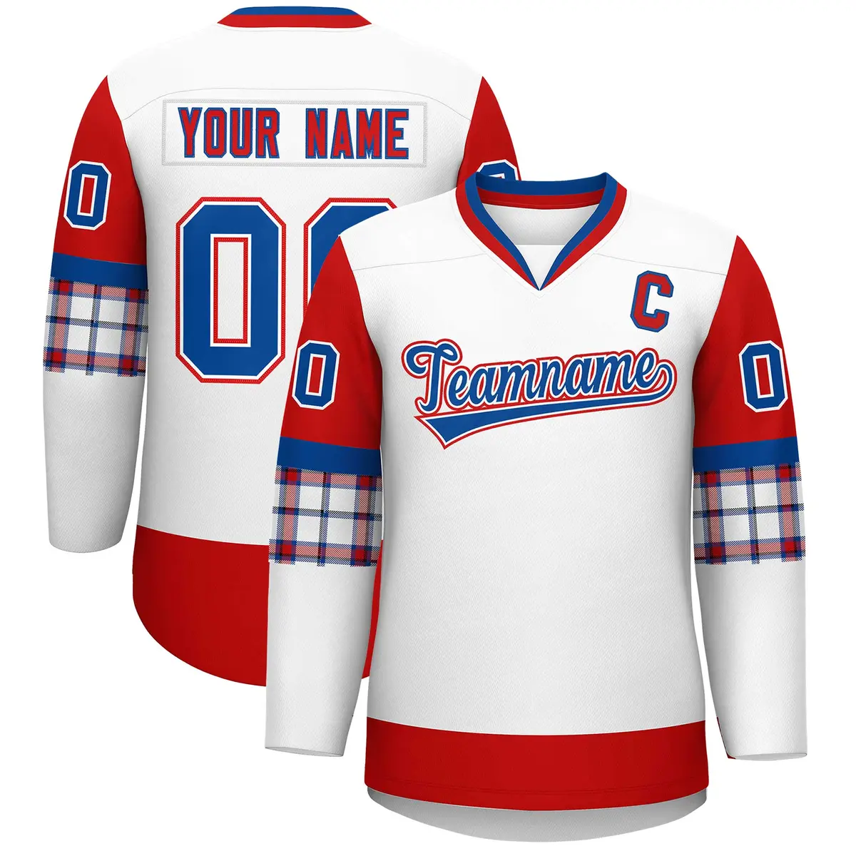 White Red-Royal Raglan V-Neck Hockey Jersey