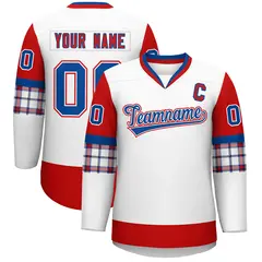 White Red-Royal Raglan V-Neck Hockey Jersey 1