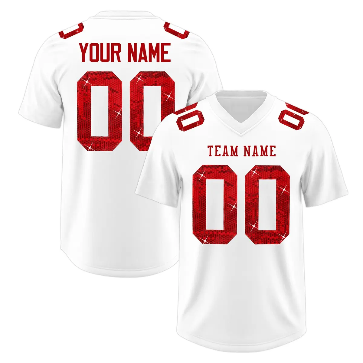 White Red Sequin Lettering Moisture-Wicking Football Jersey