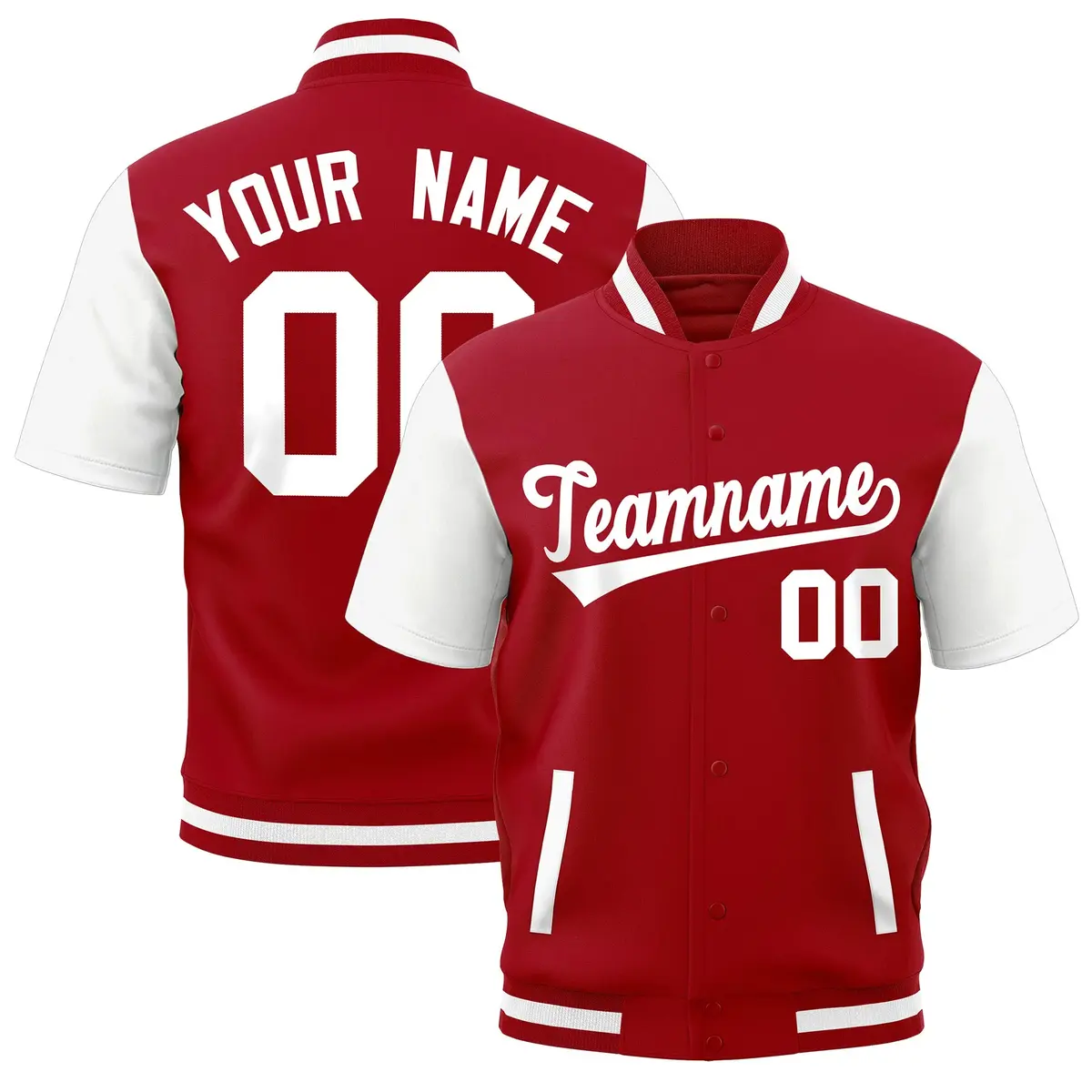 White Red Short Sleeve Full-Snap Varsity Jacket