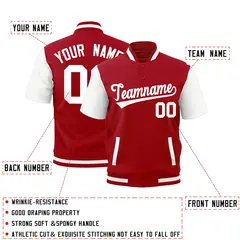 White Red Short Sleeve Full-Snap Varsity Jacket 2