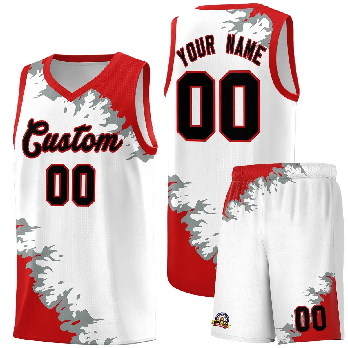 White Red-Silver Gray Sparkle Pattern Basketball Kits
