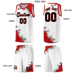 White Red-Silver Gray Sparkle Pattern Basketball Kits 5