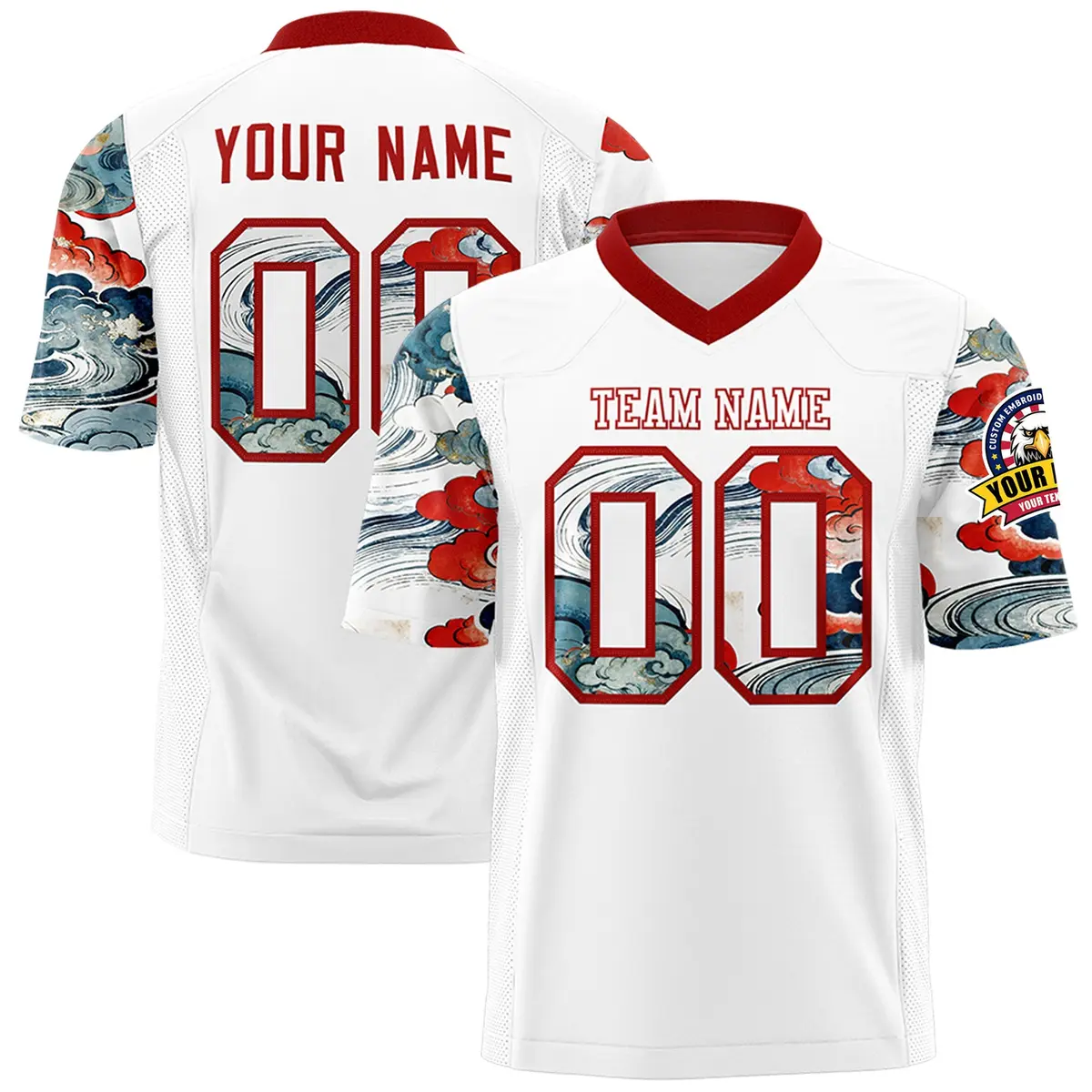 White Red Sleeve Ukiyo-e Auspicious Clouds Graffiti Football Jersey