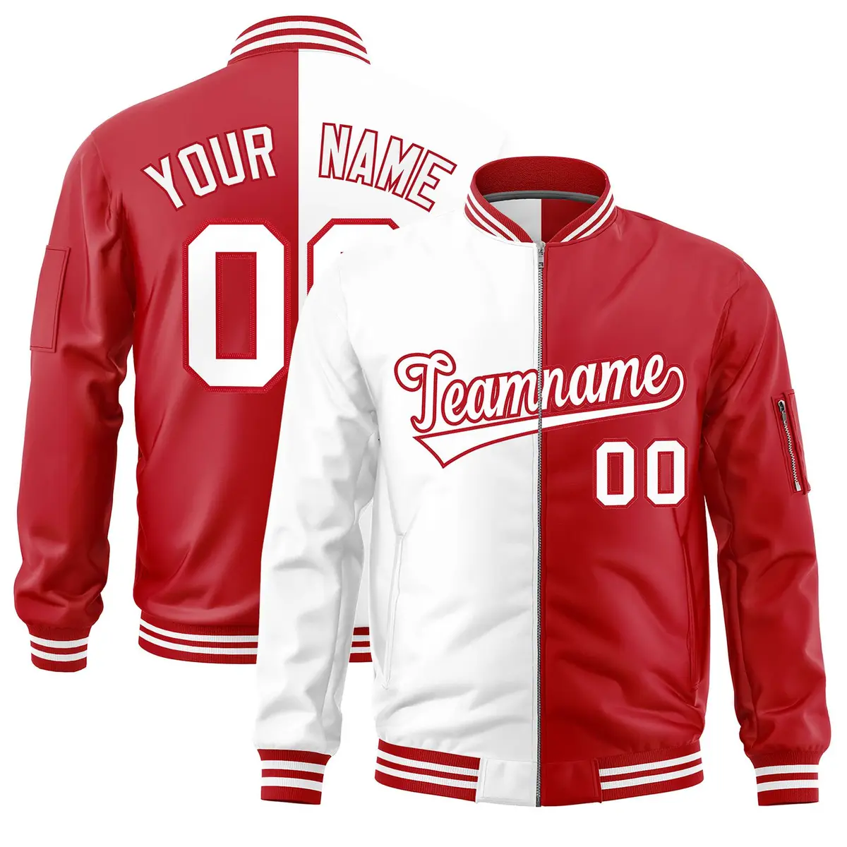 White Red Split Two Tone Full-Zip Varsity Letterman Bomber Jacket