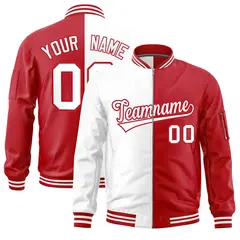 White Red Split Two Tone Full-Zip Varsity Letterman Bomber Jacket