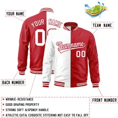 White Red Split Two Tone Full-Zip Varsity Letterman Bomber Jacket 2
