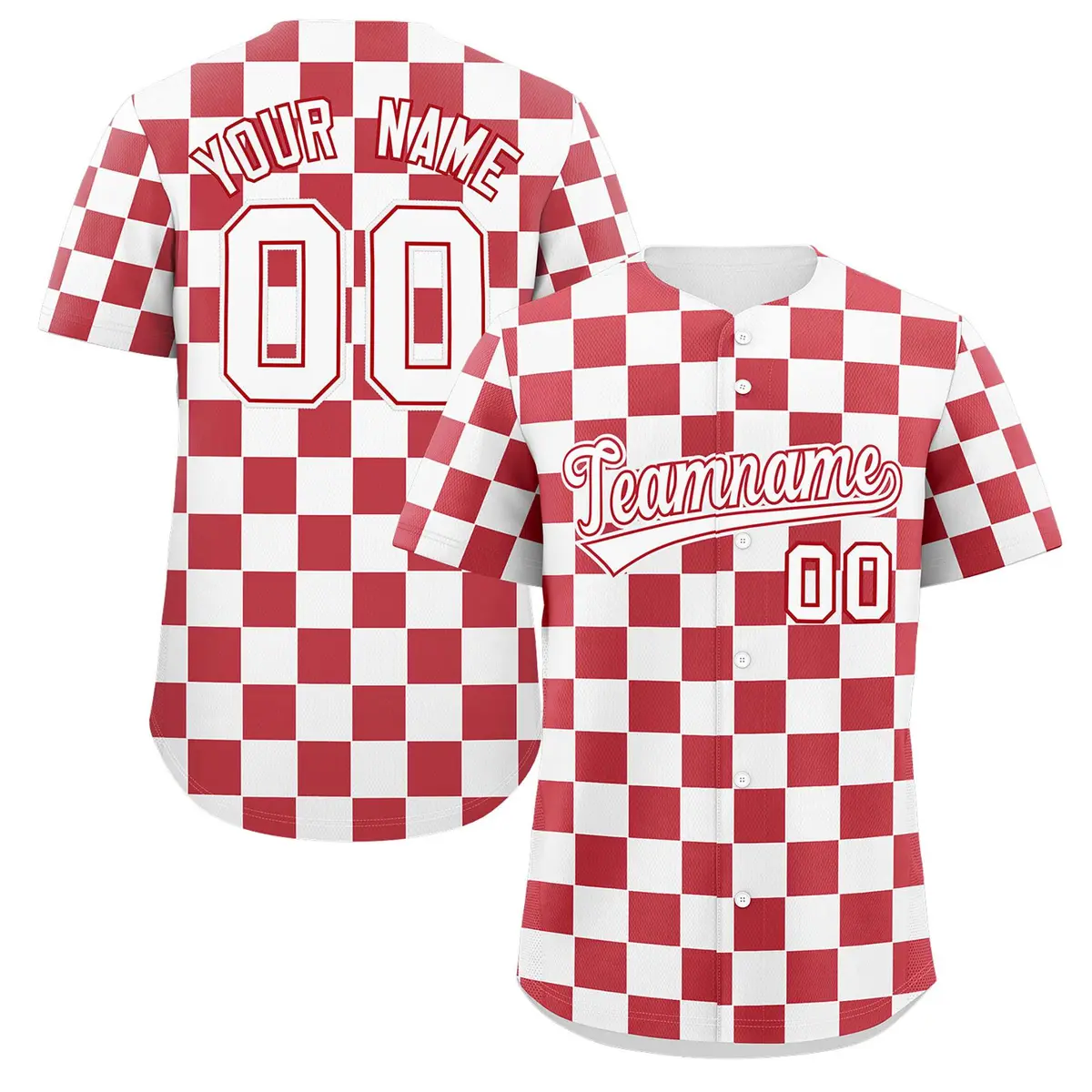 White Red Square Grid Color Block Baseball Jersey