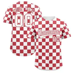 White Red Square Grid Color Block Baseball Jersey