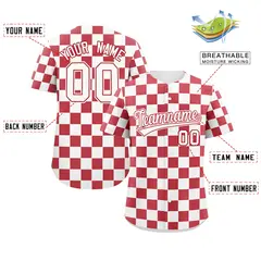 White Red Square Grid Color Block Baseball Jersey 2
