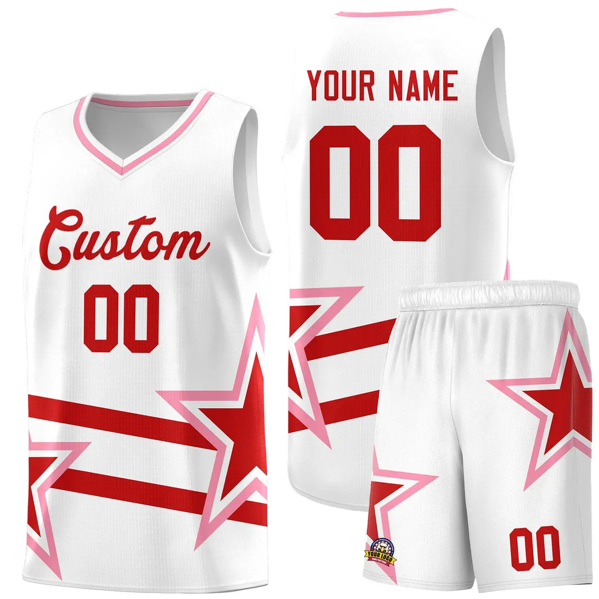 White Red Star Pattern Double Lines Basketball Kits