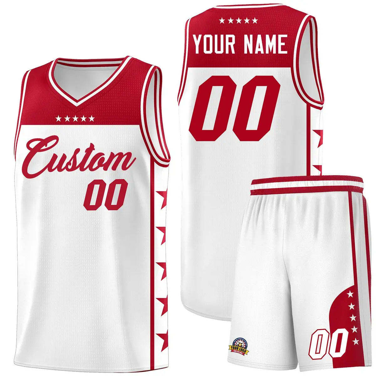 White Red Star Pattern Team Basketball Jersey