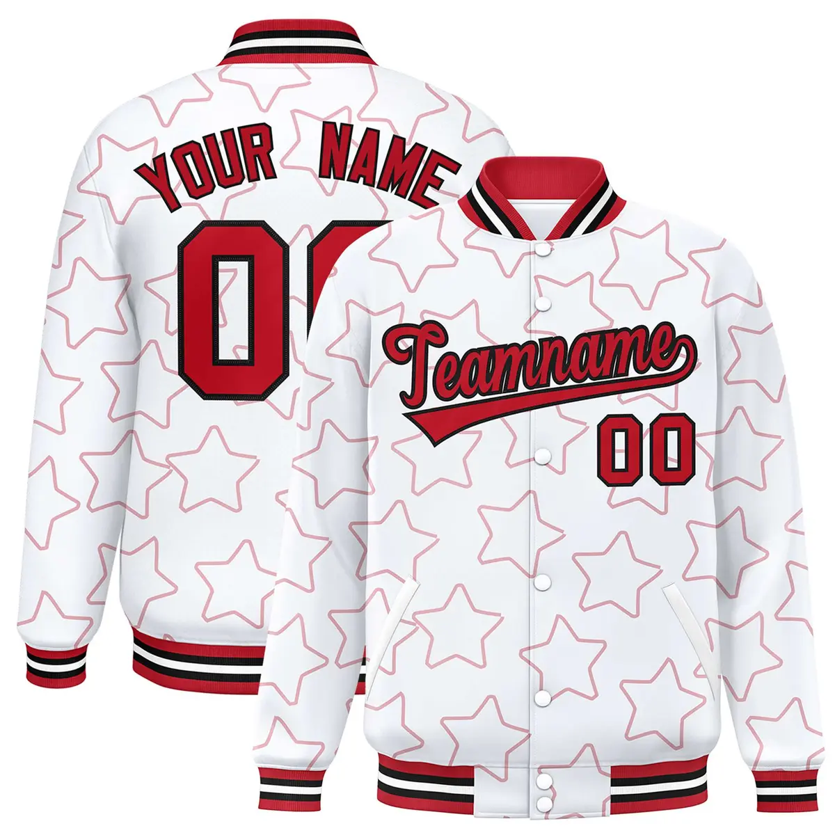 White Red Star Pattern Varsity Full-Snap Letterman Baseball Jacket