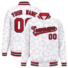 White Red Star Pattern Varsity Full-Snap Letterman Baseball Jacket 1