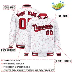 White Red Star Pattern Varsity Full-Snap Letterman Baseball Jacket 2