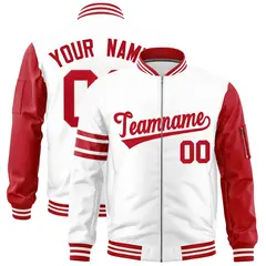 White Red Stripe Raglan Varsity Full-Zip Letterman Bomber Jacket