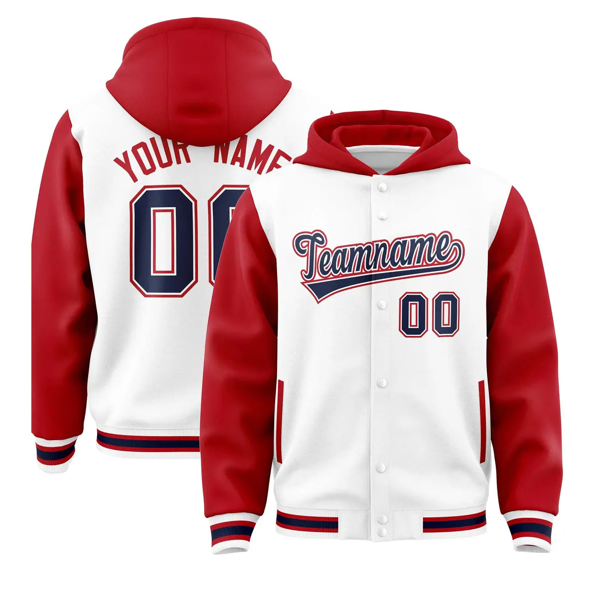 White Red Two Tone Full-Snap Raglan Sleeves Varsity Letterman Jacket Hoodie